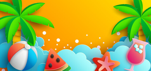 Fototapeta na wymiar A summer background design in paper cut style featuring a beach scene with palm trees, a beach ball, a slice of watermelon, a starfish, and a fruity cocktail . Vector Illustration.