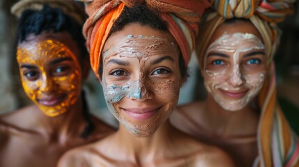 Generations of women are enjoying wearing beauty masks as a skin treatment. Focuses mainly on the faces of African girls.