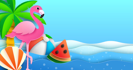 A summer beach scene with a flamingo, watermelon, beach ball, and seashells in paper cut style. Vector Illustration.