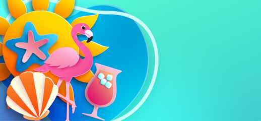 A summer background design in paper cut style featuring a flamingo, seashells, starfish, and a cocktail. Vector Illustration.
