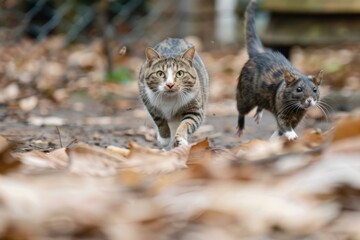 Obraz premium A cat running after a big rat. Generative AI.