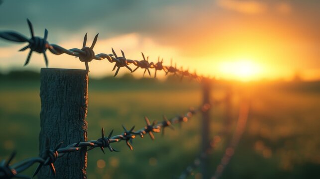 Stark image of a barbed wire fence, representing barriers and divisions within society with insanely extreme texture details.
