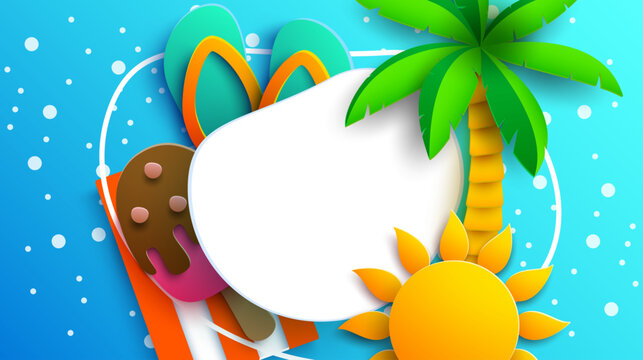 A summer background design in paper cut style featuring a palm tree, flip flops, an ice cream on a bright blue background. Vector Illustration.