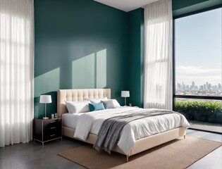 A bedroom with a large window overlooking a city skyline.