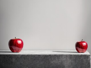 Two red apples sitting on a stone pedestal.