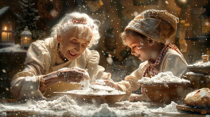 A grandmother and grandchild baking together, flour-dusted noses and shared giggles
