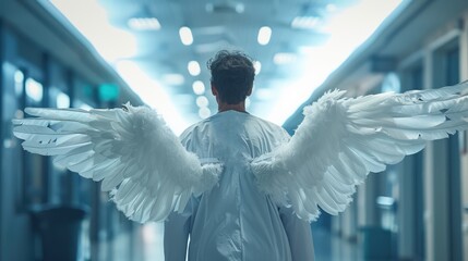 Doctor with angel wings in a white coat. Guardian angel concept. Hero saves lives. Brave courageous man. Medicine uniform. Hospital background. - obrazy, fototapety, plakaty