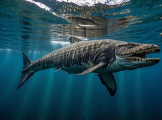 A large prehistoric shark swimming in the water with its mouth open. Generative AI.