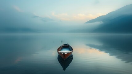 Amidst the calm waters of a pristine lake a simple wooden toy boat sails - obrazy, fototapety, plakaty