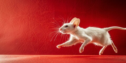 A white mouse running on a red background with its front paws up. Generative AI.