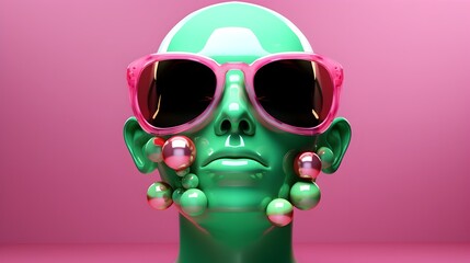 Futuristic Sunglasses Sculpture Against Vibrant Green and Pink Backdrop