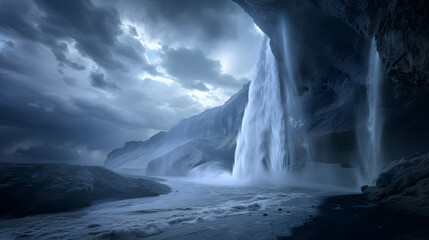 Dramatic shot of waterfall with stormy clouds and weather - obrazy, fototapety, plakaty