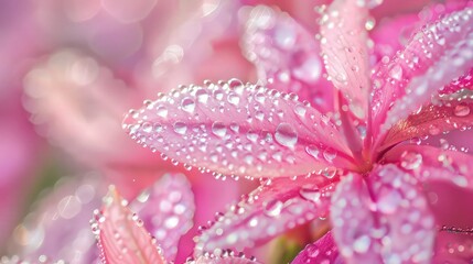 Fototapeta premium Position the camera for a close-up shot of the pink flower, ensuring the dew drops serve as a captivating background. 