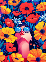 Vibrant woman illustration with floral decor