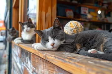 Three cats are sleeping on a wooden ledge outside of the store. Generative AI. - Powered by Adobe