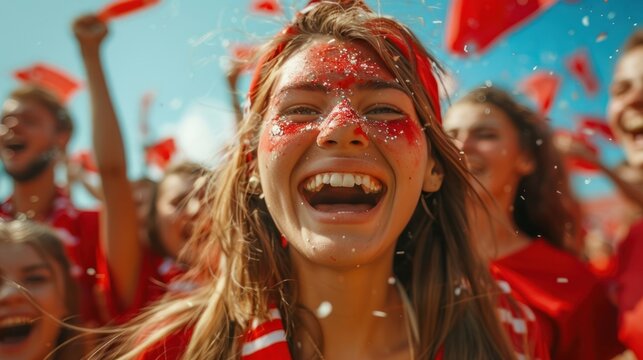 Red sports fans scream as they support their team from the stadium. Football supporters having fun at the event Champion and Victory Concept
