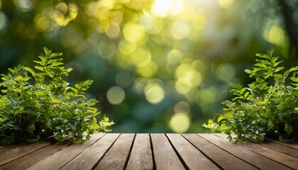 Tranquil Terrace: Wooden Deck Adorned with Green Shrubs and Sunlit Tree Bokeh