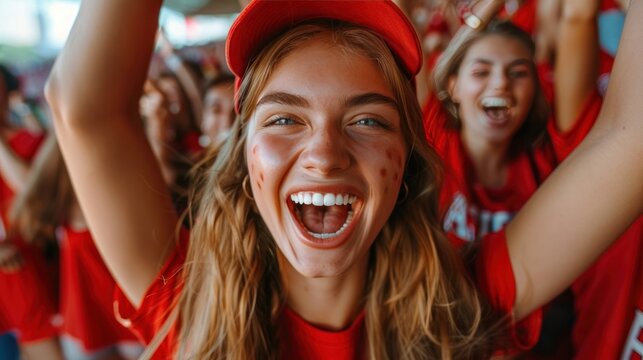 Red sports fans scream as they support their team from the stadium. Football supporters having fun at the event Champion and Victory Concept - Powered by Adobe