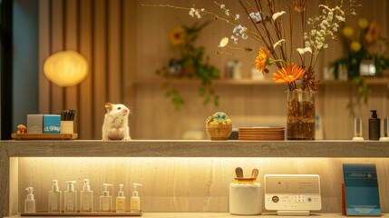 A small mouse sitting on a counter next to some bottles of lotion. Generative AI.
