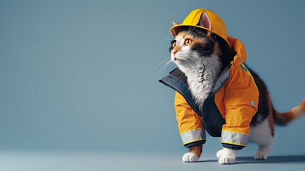 Captured on World Safety Day, a calico cat dressed in a tailored safety jacket and a snugly fitting yellow helmet stands on a simple, clean background. 

