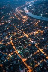 An aerial view of a city at night with lights. Generative AI.