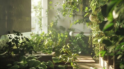 An urban garden where AI-controlled systems ensure optimal watering and sunlight for each plant, showcasing AI in harmony with nature.