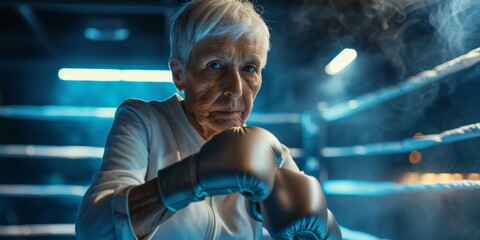 An older woman is seen boxing in a boxing ring, displaying strength and determination in her movements