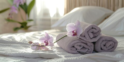 A bed adorned with two soft purple towels and two delicate flowers placed atop