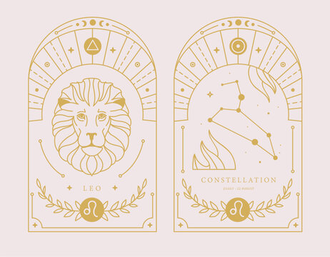 Set of Modern magic witchcraft cards with astrology Leo zodiac sign characteristic. Vector illustration