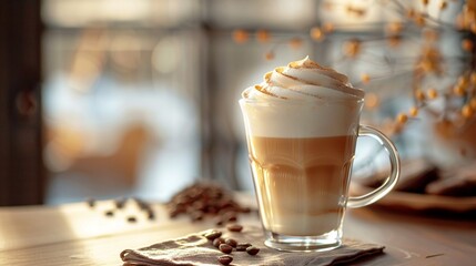 Cappuccino, masterful cream artistry, side view, soft background, luxury coffee experience