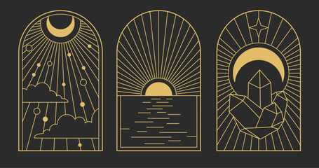 Obraz premium Set of Modern magic witchcraft cards with sun and moon. Line art occult vector illustration