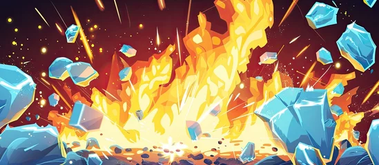 Fotobehang An entertaining cartoon illustration of exploding rocks and fire, creating a fun and dynamic art piece. This event captures the crowds excitement and leisurely enjoyment © AkuAku