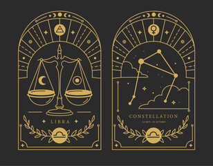 Set of Modern magic witchcraft cards with astrology Libra zodiac sign characteristic. Vector illustration - 778647762