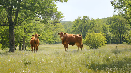 Red Angus bull and cow in a spring pasture with trees