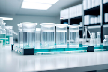 There are many  medical  petri dish neatly arranged  on  the   white table,    laboratory environment ,Many glass containers contain various liquids, scientific research and experimental  materials
