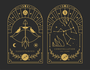 Fototapeta premium Set of Modern magic witchcraft cards with astrology Sagittarius zodiac sign characteristic. Vector illustration