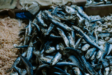 Medium sized salted fish for sale at the traditional market, Pasar Warung Jambu Bogor, April 6 2024.