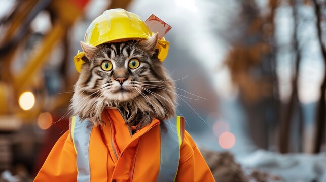 Capturing the essence of World Safety Day, this image features a majestic cat equipped with a reflective safety jacket and a protective yellow helmet, poised against a delicately blurred construction 