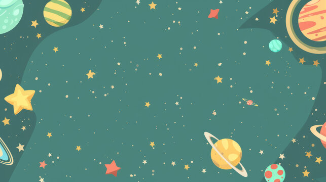 A cheerful cartoon image depicting space with various colorful planets, ideal for a banner with blank space for text or logos