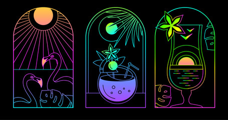 Set of modern fluorescent line art summer icons with pina colada cocktail, flamingo and sun. Set of summer posters. Vector illustration - 778648301