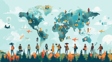 Vector of a large group of people of different occupations travel from country to country in search for a new job. - obrazy, fototapety, plakaty
