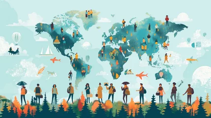 Fotobehang Vector of a large group of people of different occupations travel from country to country in search for a new job. © Wasin Arsasoi