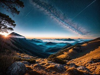 Fototapeta premium A mountainous landscape with a sunrise in the background.
