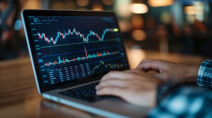 Professional Trader Analyzing Stock Market Data on Laptop in Dark Office