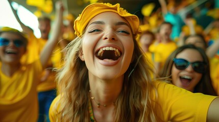 Obraz premium Yellow sports fans screaming while supporting their team leaving the stadium - Football supporters hav