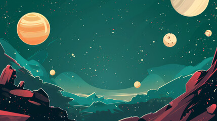 A mesmerizing illustration featuring an expansive cosmos view, planets, and a banner with blank...