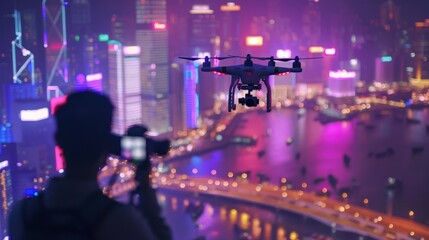 Fototapeta na wymiar Chinese professional capturing city life through a high-tech drone, with the smart city's interactive digital landscape sprawling below.
