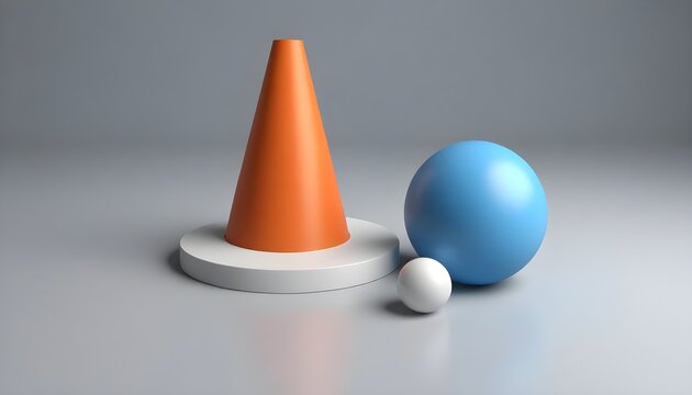 3d render of two spheres and cylinder floating over cone