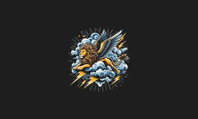 lion flying on cloud lightning vector artwork design