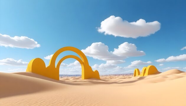 3d render, Surreal desert landscape with yellow arches and white clouds in the blue sky. Modern minimal abstract background
